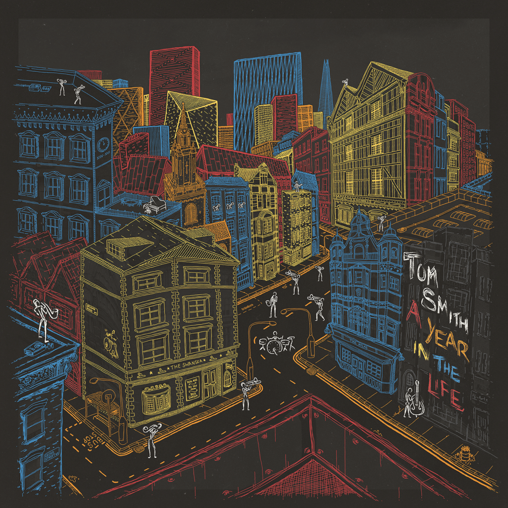 A Year in the Life album art, featuring a sketch-style drawing of London buildings with little musicians positioned around the streets.